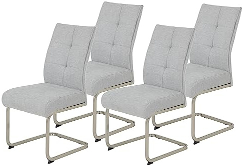 Hela Tische, 4er Set Esszimmerstuhl INES, Schwingstuhl, XL-Stuhl, Webstsoff Grau, Komfortsitz Federkorb, Metallgestell Edelstahloptik