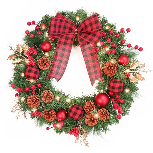 Pre-lit Christmas Wreath,40CM/15.8 IN Pre Lit Artificial Christmas Décor Wreath with Lights,Bow,Indoor Outdoor Holiday Party Decorations for Front Door Wall (B)