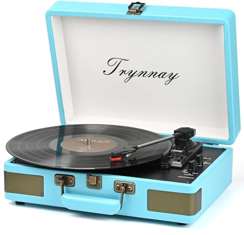 Trynnay Giradischi a 3 marce, lettore portatile in vinile con altoparlanti integrati, giradischi, audio migliorato, pelle PU, blu vintage