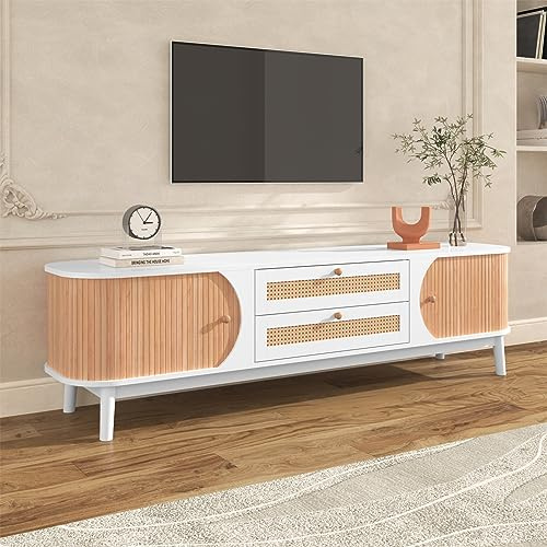 Sweiko 67 Weiß Rattan TV-Schrank mit 2 Türen und 2 Schubladen, Massivholz TV-Ständer für Schlafzimmer, Wohnzimmer