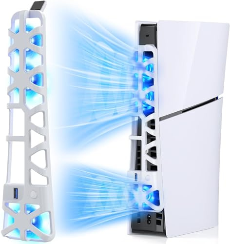 FASTSNAIL LED Lüfter für PS5 Slim Konsole, Leiser Kühler mit Speicherfunktion, Zubehör mit 3 Lüftern & USB 3.0 Port kompatibel mit Playstation5 Slim Digital & Discs Edition（Weiß）