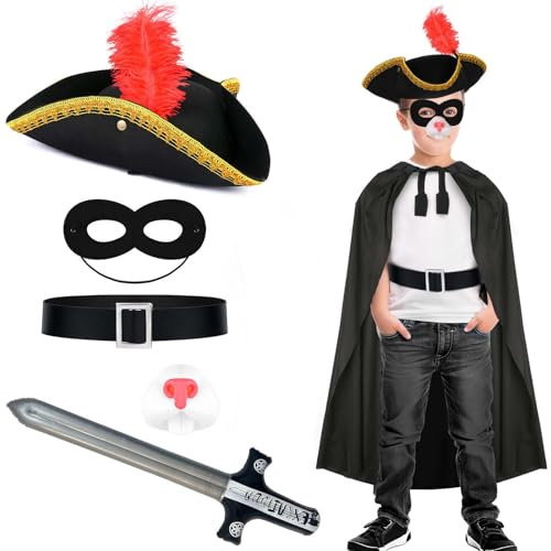 Dearlan The Highway Rat Costume Highway Man Character Including Black Hat,Cape, Nose, Mask, Sword, Belt and Tail for Kids School World Book Day Fancy Dress
