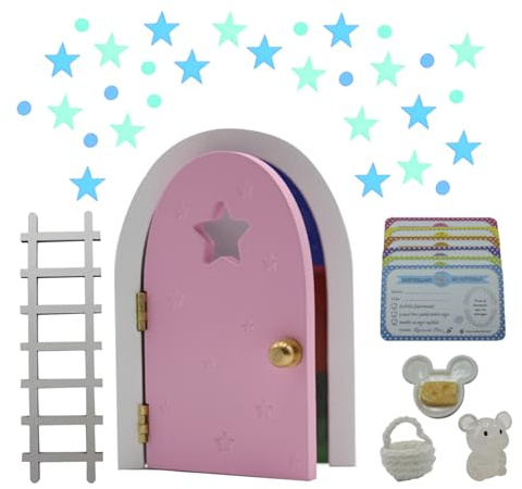 Qué Kawaii® Puerta Ratoncito Pérez Mágica que Abre y Brilla (Rosa)– Kit Completo con Escalera, Ratón, Certificados y Bolsa para Diente – Regalo Original Caída de Dientes Niños