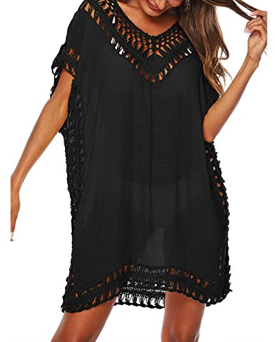 Edhomenn Women Tassel Swimsuit Cover Ups Solid Color Cutout Beach Dress V-Neck Short Sleeve See Through Beachwear (01 Black, One Size)