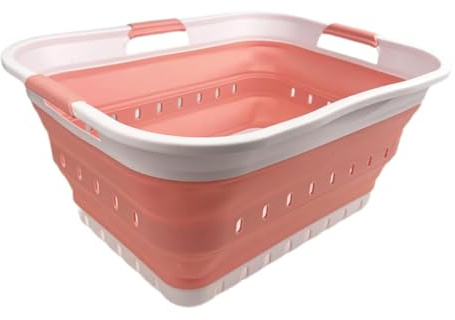 SAMMART 42L Faltbarer Wäschekorb aus Kunststoff – Faltbarer Pop-Up-Aufbewahrungsbehälter/Organizer – tragbarer Wäschekorb – platzsparender (1, Weiß/Quarzrosa)