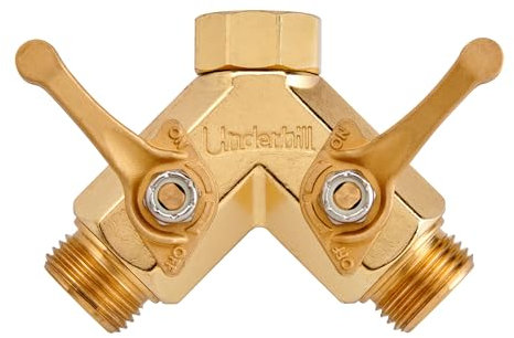 Underhill Brass Garden Y Hose Splitter 2 Way, Heavy Duty Bib Faucet Spigot Connector with Water Shut Off Valves, 30 GPM, 3/4-Inch Thread, A-HB2HF