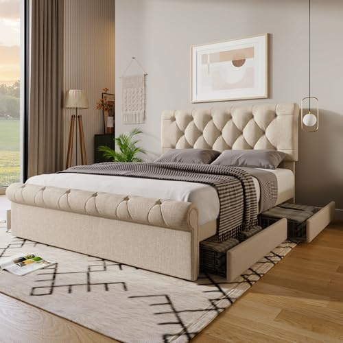 Merax Polsterbett 140x200cm mit 4 Schubladen, Doppelbett Bettgestell mit Lattenrost und Höhenverstellbarem Kopfteil, Leinenmaterial, Chesterfield Funktionsbett, Stauraumbett, Ohne Matratze, Natürlich