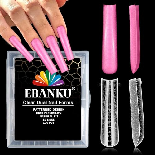 EBANKU 120 Stück Klare Lange Quadrat Full Cover Dual Nail System Form 3D Relief Acryl Nagelverlängerung Tipps Nail Art Maniküre Werkzeuge