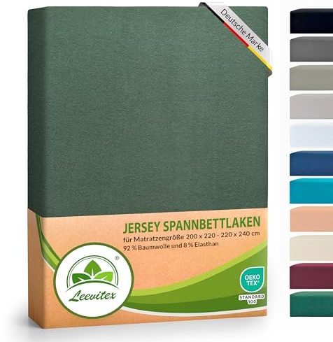 leevitex® Luxus Elasthan Jersey Spannbettlaken | 200x220 – 220x240cm | Multistretch | 250 g/m² | 92% Mako-Baumwolle 8% Elasthan | 40cm Steghöhe | außergewöhnlich hochwertige Ausführung | Dunkelgrün
