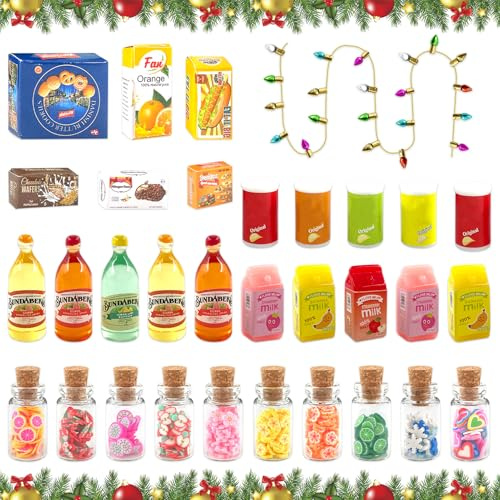 Lets Joy Miniatur Zubehör, 32 Stücke Puppenhaus Lebensmittel Zubehör, Miniatur Lebensmittel, Miniatur Essen und Trinken, Spielzeug Lebensmittel, Puppenhaus Set, Miniatur Deko Weihnachten Ornamente