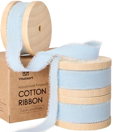 Vitalizart Baumwollband 1,6 cm x 19,2 m Babyblau Naturstoffband | Handgefertigte Fransen Geschenkband für Hochzeit Einladungen Geschenkverpackung Dekoration Bouquet Basteln 3 Rollen x 6,4 m