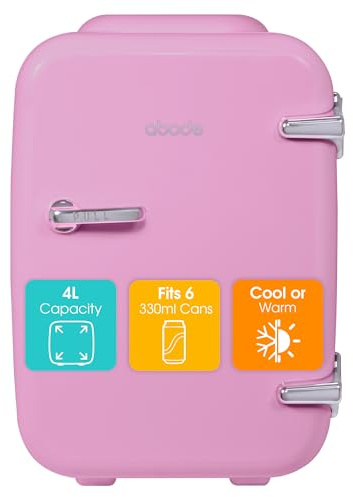 Abode Pink Mini Fridge A4CLR201P 4L/6 Can Portable Thermoelectric Mini Cooler & Warmer for Drinks, Cosmetics/Makeup/Skincare, AC/DC Power, Retro Style, For Bedroom, Home, Caravan, Car
