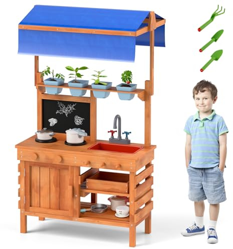 FANTASK Cuisine en Bois pour Enfant avec Toit Pare-Soleil, Tableau Noir, Tasses à Plantes et pelles