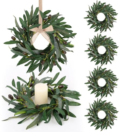 6 Pcs Artificial Green Olive Candle Rings Wreaths Greenery Wreath with Olive Leaves Spring Summer Kitchen Cabinet Wreath for Pillars Farmhouse Festival Wedding Celebrations Tabletop Decoration