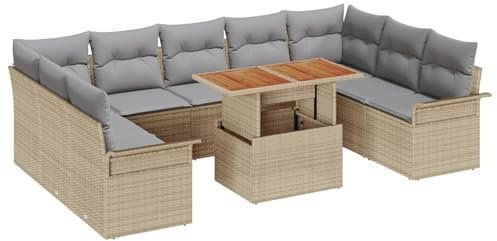 vidaXL 10-teiliges Garten-Esszimmer-Set aus Rattan mit Kissen in Beige und Grau – Bequem für 9 Personen, modulare Möbel für Terrasse, Balkon und Lounge.