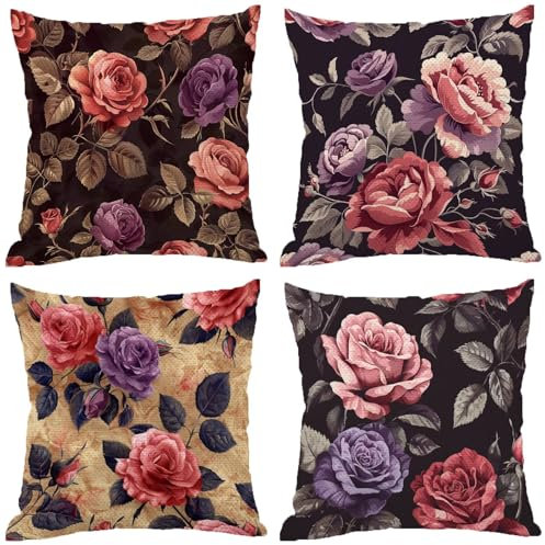 Fodere Cuscini da Esterno Impermeabili, Rosa Federe Cuscini Divano 70x70 Quadrate Set di 4, Doppia Faccia Stampa Lino Cushion Covers Retro Cerniera Invisibile per Aesthetic Room Decor, Regalo Z-389