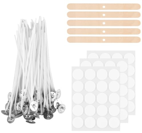 HuangXinyu Mechas para Velas, 100 mechas para Velas, 10 cm, mechas Naturales con Soporte para Mecha de Madera y Adhesivo de Doble Cara, para Hacer Velas