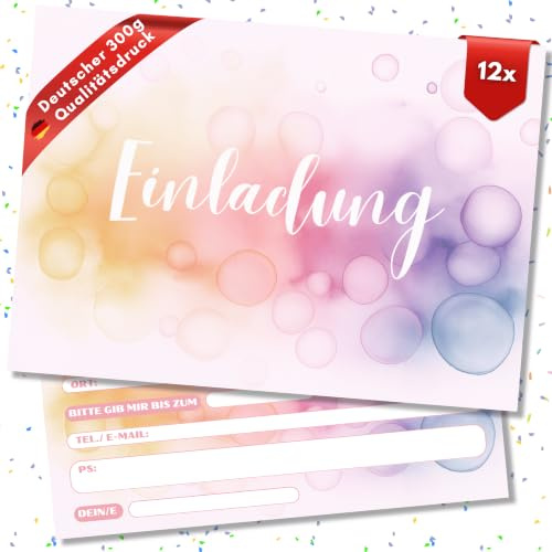 HIDEBLOOM Seifenblasen Einladungskarten Kindergeburtstag Mädchen - 12 Stück - DIN A6 (10,5 cm x 14,8 cm) - Einladung Kindergeburtstag - Geburtstagseinladungen Mädchen Seifenblasen