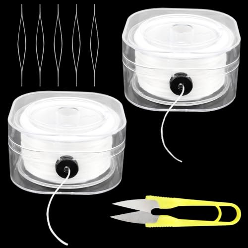 WJMY 210m Nylonschnur Gummiband Elastisches Band 0,6mm + 0,8mm | Transparent Reißfest Nylonfaden für Armbänder Perlenschnur, mit 5 Nadeln und 1 Schere für DIY, Armbänder usw