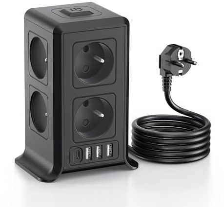 Multiprise avec Interrupteur Tour, Françaises 12 en 1 Prise Multiple avec 8 Prises et 4 USB, Multiprise 1 USB C et Rallonge Electrique 2M, Multi Prise Electrique Convients, Maison, 3680W, Noir