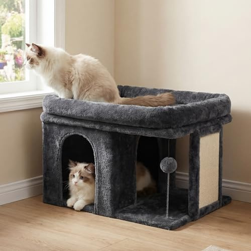 Heybly Rascador para Gatos, Árbol para Gatos de 35 cm con Amplia Plataforma y Acogedora Casita, Adecuado para Gatos Adultos, con Tablero de Sisal y Pelota de Felpa, Gris Humo HCT203SG