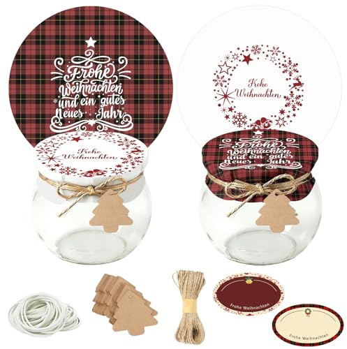 40 Marmeladendeckchen Weihnachten Sets,Marmeladendeckchen Weihnachten | 40 Marmeladendeckchen Weihnachten+40 Etiketten Marmeladengläser+40 Geschenkanhänger Weihnachten+20m Jute Garn+40 Justiergummi