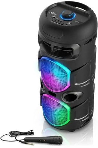 Portable Bluetooth Speaker with 20W Loud Stereo Sound, 40cm Large Wireless Outdoor Party Speaker with Colorful RGB LED Lights, Wired Karaoke Microphone, Rechargeable Battery for Long Playtime