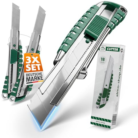 ALMO 3x Profi Cuttermesser mit Carbonstahl Abbrechklinge 18mm Teppichmesser | Robustes Cutter Messer mit Anti-Rutsch-Griff | Kattermesser für Heim- & Handwerker