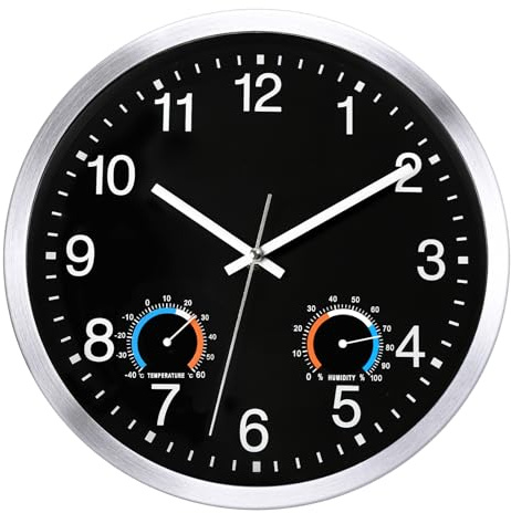 KIZLOC 30 cm Outdoor Uhr Garten Wasserfest mit Thermometer und Hygrometer, Gartenuhr Außen Wetterfest, Lautlose Batteriebetriebene Groß Wanduhr für Draußen Badezimmer Zuhause (Schwarz)