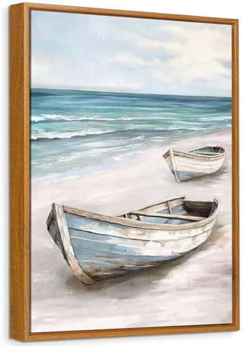 Bleu Bateau Blanc Mer Tableau Encadrée Poster Mural Plage de Sable Peinture Impression sur Toile Image Affiche Bateau Côtière Tableau Decoration Murale Salon Chambre Coucher Salle de Bains 40x60cm