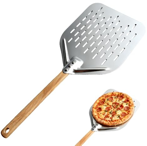 Wxeadu Pizzaschieber Perforiert, 12 Zoll Pizzaschaufel 39.5x30 cm, Pizzaschieber Edelstahl mit Großer Fläche, Pizza Schieber mit Abnehmbarem Griff, Profi Pizzaschaufel für Selbstgebackenes Pizzabrot