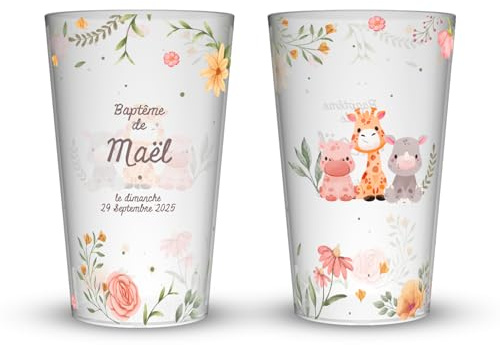 Wobz - Gobelet Personnalisé Baptême Animaux & Fleurs - Impression Quadrichromie digitale - Fabriqué En France - Prénom Et Date Personnalisables - 25 cl - Pack de 10, 25, 50, 100, 250 et 500