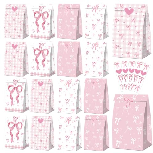 20 st rosa rosett godispåsar – rosett party presenter väska med klistermärken, kokettpresentpapperspåsar, rosettformad födelsedag godis presentpåse för baby shower bröllopsfest dekorationer