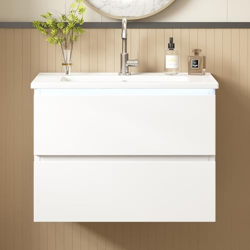 Letenbin Moderne Meuble Lave-Mains Mural, Armoire Salle de Bain avec LED à Induction, 2 tiroirs Silencieux, Désign Simple, pour Petite Salle de Bain et WC invités, 61 x 46 x 45 cm, Blanc-G