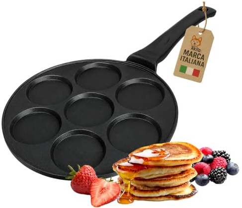 AKITAInk Padella 26 cm per Pancake con 7 Stampi, Antiaderente, Cottura Uniforme, per Pancake, Uova e Crepes, Compatibile con Induzione