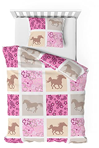 Träumschön Biber Bettwäsche Set 2tlg 135x200 cm + 80x80 cm – Flauschige Kinderbettwäsche Pink – Weiche Winterbettwäsche mit Pferden - Atmungsaktiv, Warm & Hautfreundlich - 100% Baumwolle