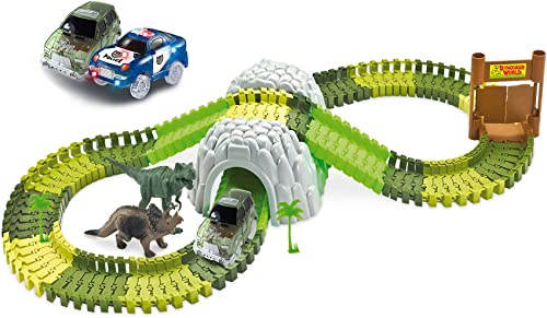 Amewi 100651 Rennbahn Magic Traxx racingbana i Dino Park, 374 delar mega-set med tunnel och förvaringslåda