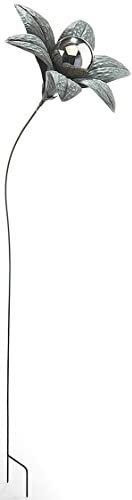 Kobolo Gartenstecker Blume Gray Flower, Silber, Metall, 30x30x124 cm, moderner Blumenstecker mit Edelstahlkugel, Zeitloser Dekostecker für den Outdoorbereich