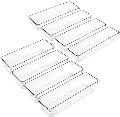 LotFancy 8 Pack Clear Plastic Drawer Organizers, 9.2''×3''×2'', Food Grade Storage Trays, Non-Slip Storage Bins for Kitchen Utensil, Silverware Cutlery, Bathroom, Office Desk, Makeup, Jewelry