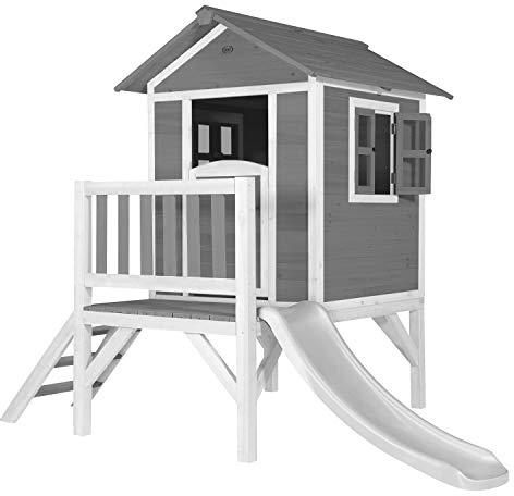 AXI Beach Lodge XL Casetta per giochi grigia con scivolo bianco | Casa per bambini su palafitte con veranda in legno FSC | Piccole attrezzature da gioco per il giardino.
