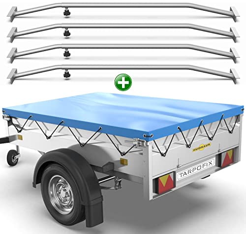 Tarpofix® Anhänger Plane 258x136 cm + 4x Planenbügel | Anhängerplane Flachplane aus PVC PLANENMATERIAL | Verstärkte Humbaur Anhänger Plane für 1300kg PKW Hänger | Abdeckplane + Flachplanenbügel | Blau