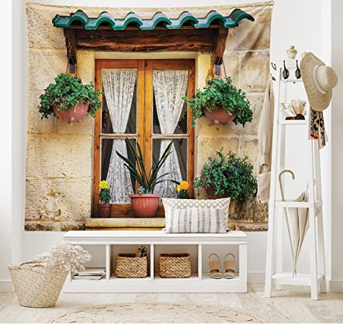 ABAKUHAUS Rustikal Wandteppich und Tagesdecke, Altes Fenster und Blumen aus Weiches Mikrofaser Stoff Waschbar ohne Verblassen Digitaldruck, 230 x 140 cm,Beige Grün