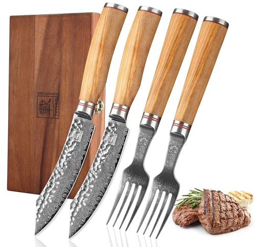 zayiko Damast 2er Steakmesser und Gabel-Set - 12 cm Klingen aus 67 Lagen echtem Damaststahl, Olivenholzgriffe, Damast Küchenmesser