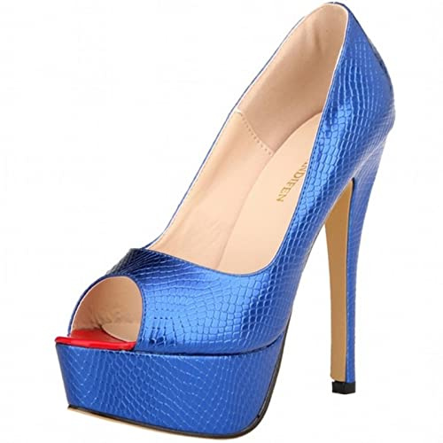 QIANKUN Scarpe da donna con tacco alto, alla moda, sexy, punta aperta, plateau, motivo coccodrillo, abiti da festa, scarpe da sposa, blu, 38