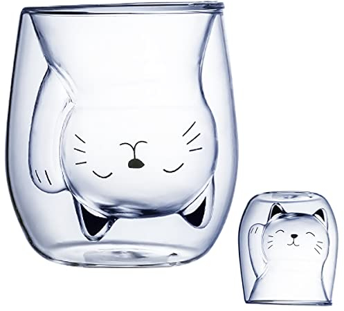 XiXiRan Taza de Cristal Doble Pared, Transparente, 200 ML, Vaso Térmico para Café (Gato Suertudo)