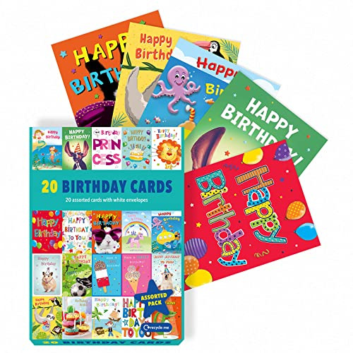 Piccadilly Greetings Biglietti di compleanno assortiti per bambini, confezione da 20, 12,7 x 17,8 cm, 20 disegni colorati unici con buste bianche, adatti per ragazzi e ragazze