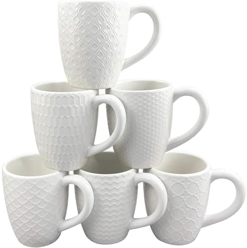 Hoikwo Tazze Colazione, Tazze Caffe, Set di 6 Tazze Bianche, Semi Ceramica 380 ml, Nuova Ceramica d'Osso Design Unico con Disegni Diversi