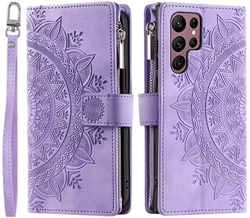VEEMOS Handyhülle für Samsung Galaxy S22 Ultra hülle Klappbar Blumen Handytasche Schutzhülle Klapphülle mit Kartenfach Handy Tasche Book Cover Flip Case Ständer - Lila