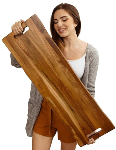 Large Acacia Serving Board with Handles, 36 x 12 Inch Rectangular Charcuterie Platter, Natural Wood Server for Meat, Cheese Board, and Party Appetizers, Extra Long 3ft, Light