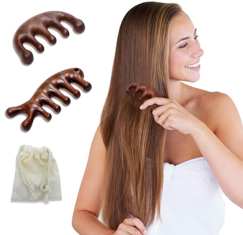 CKCLGTDM 2-pack trähuvud hårbotten massagekam, sandelträ hårbotten massage träverktyg, hårmasserare Gua Sha-borste för kvinnor män hårväxt